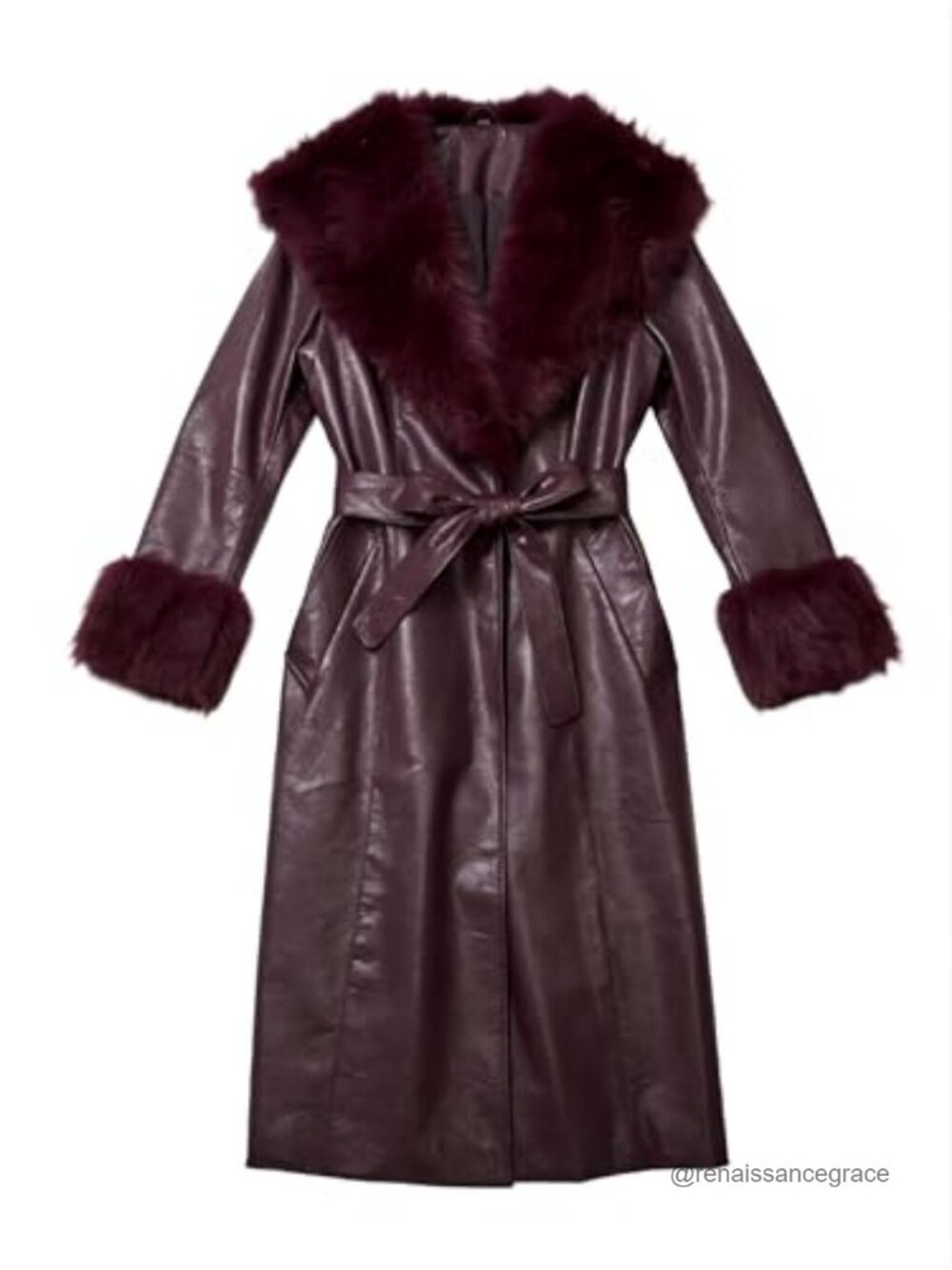 Faux Leather Coat with Faux Fur Collar Belted Long Sleeve Winter